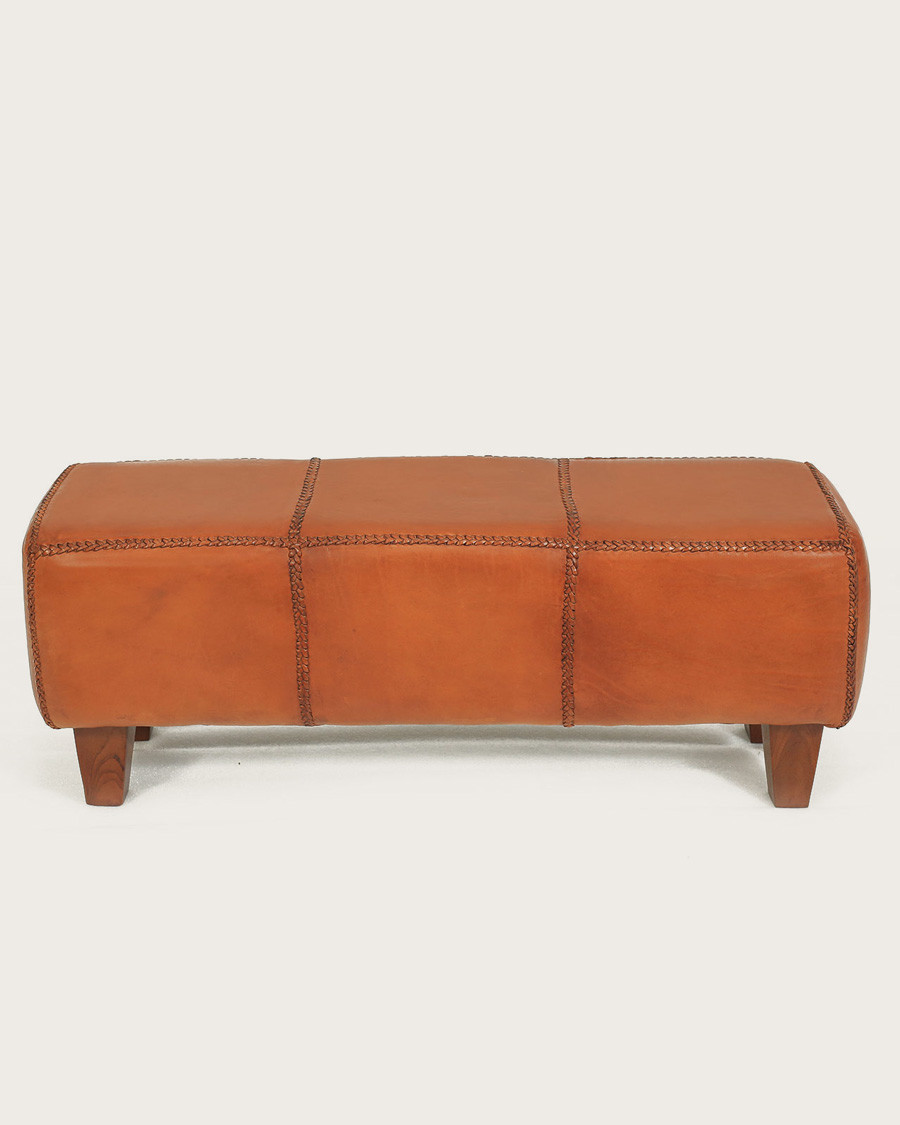 Tula - Panca imbottita in teak massello e pelle marrone