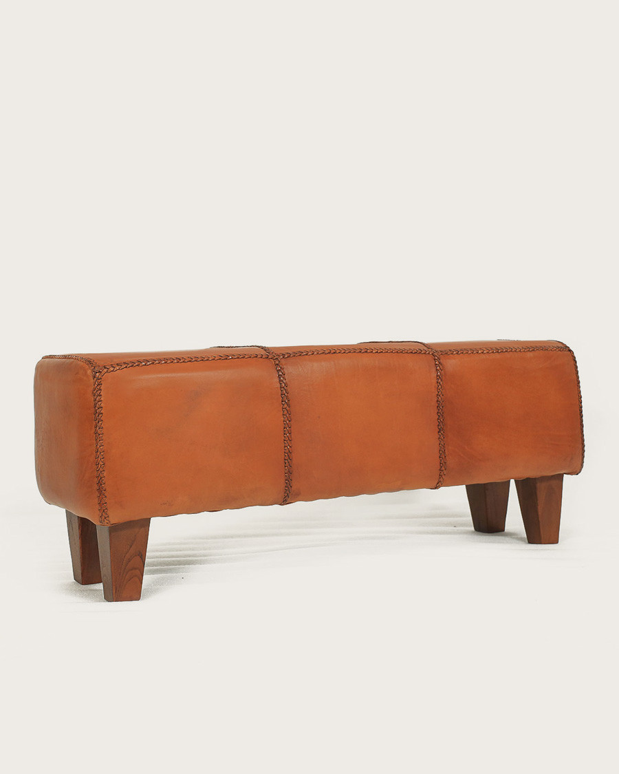 Tula - Upholstered bench in solid teak and brown leather