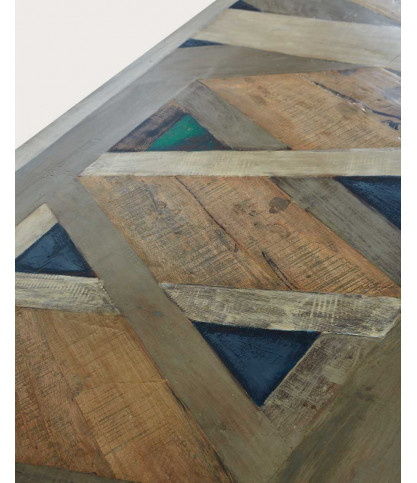 Bucarest - Mesa de comedor de madera maciza de mango con marquetería L200 cm, 10 personas.