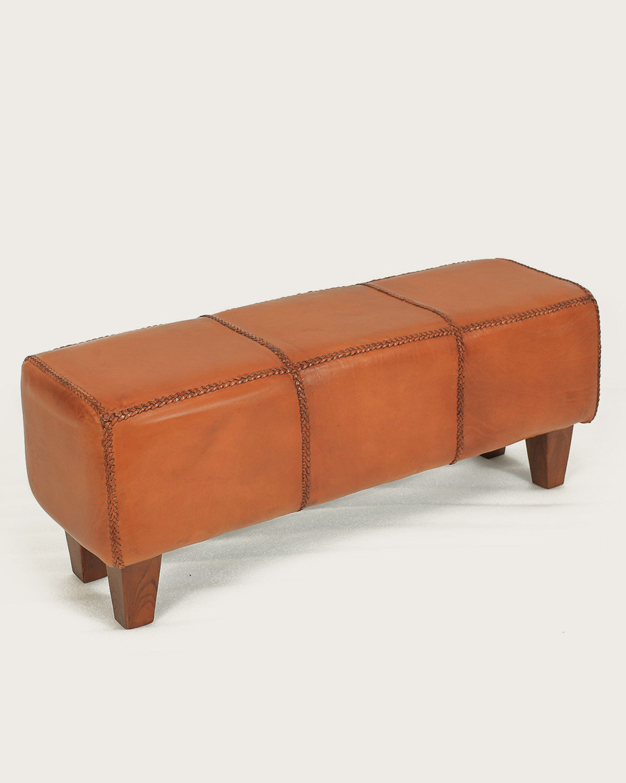 Tula - Upholstered bench in solid teak and brown leather