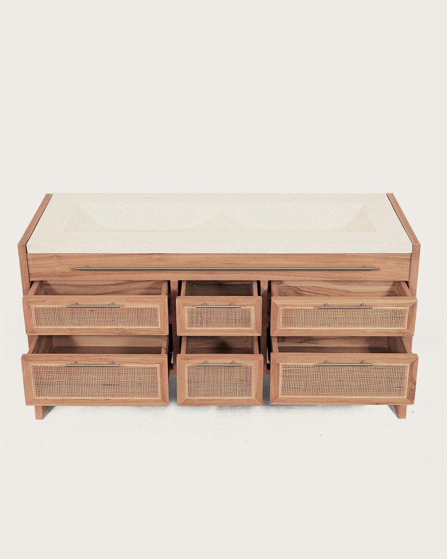 Sahara - Badezimmerschrank aus Teakholz und Terrazzo in Beige, 145 cm