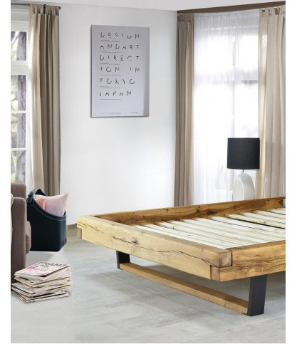 Bakara - Cama de madera maciza de abeto y vigas de metal negro de 160 cm
