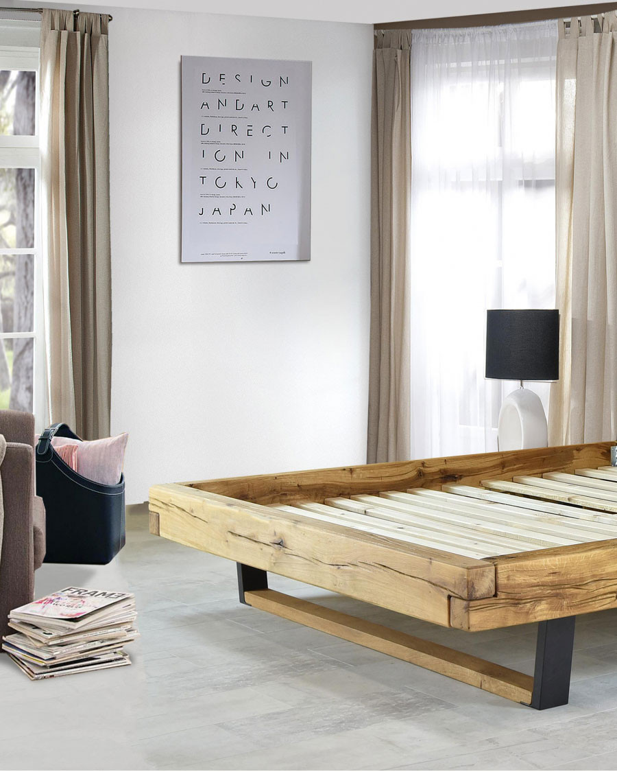 Bakara - Cama con vigas de madera maciza de abeto y metal negro