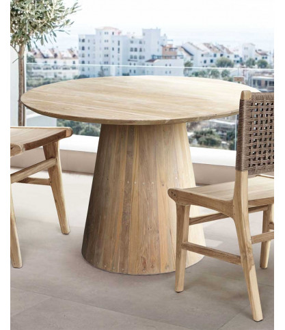 Honolulu - Mesa de comedor redonda de teca maciza, 110 cm de diámetro, 4/6 personas.
