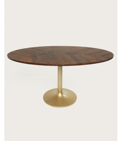 Leaf - Ovale eettafel van mangohout met goudkleurig metaal, 160 cm lang, geschikt voor 8 personen