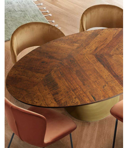 Leaf - Oval dining table in mango wood and gold metal L160 cm 8 people.