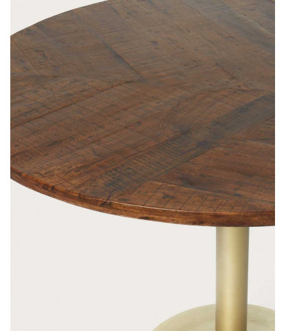 Praga - Mesa de comedor redonda de madera maciza con base de tulipán dorada, 110 cm de diámetro, capacidad para 6 personas.
