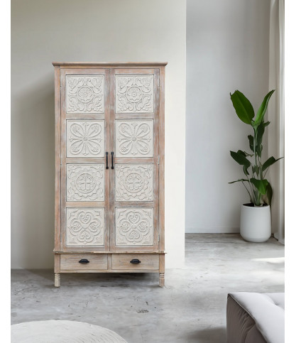 Mala - 2-door wardrobe in solid limed mango wood