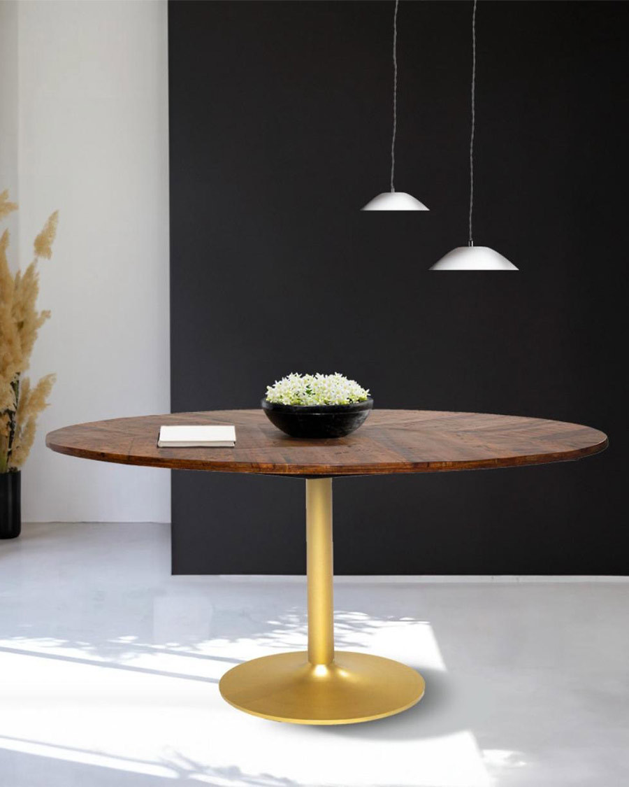 Leaf - Oval dining table in mango wood and gold metal L160 cm 8 people.