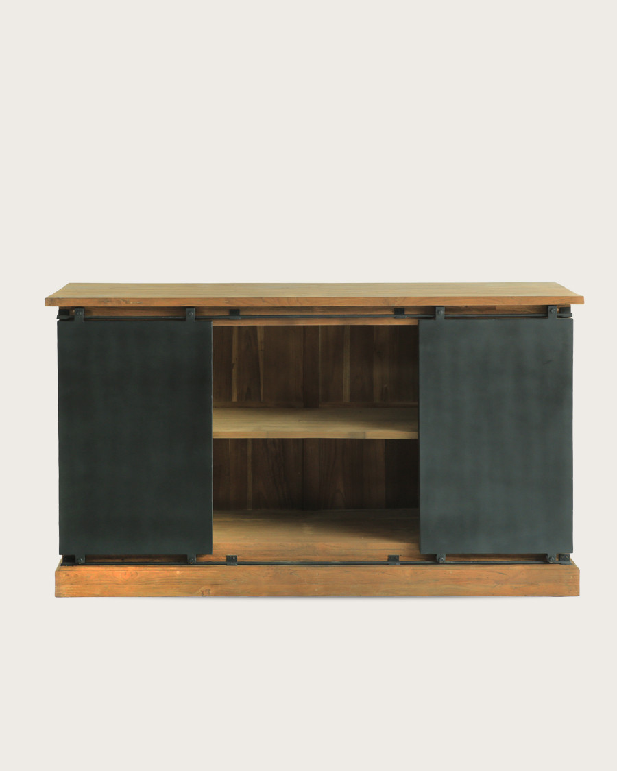 Industrieel - Industrieel dressoir van massief teakhout met metalen deuren