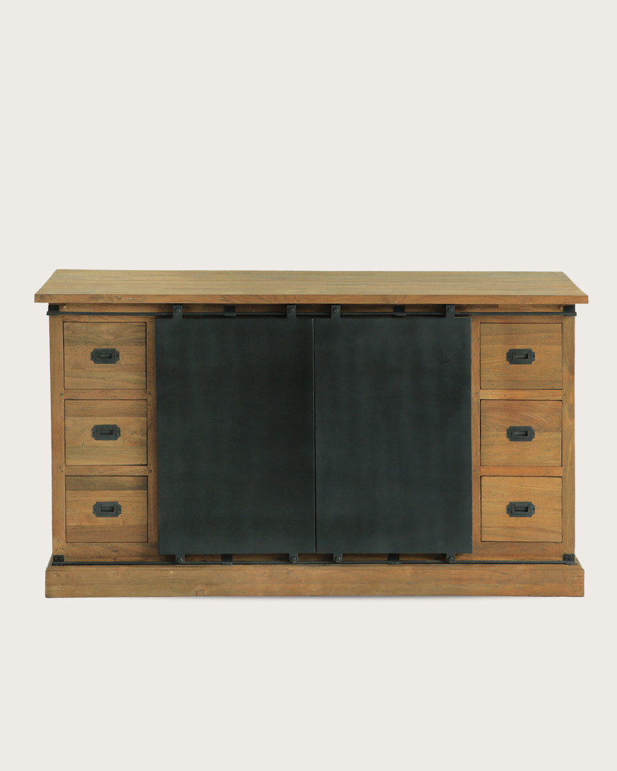 Industriell - Industrielles Sideboard aus massivem Teakholz mit Metalltüren