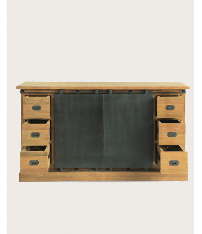 Industrieel - Industrieel dressoir van massief teakhout met metalen deuren