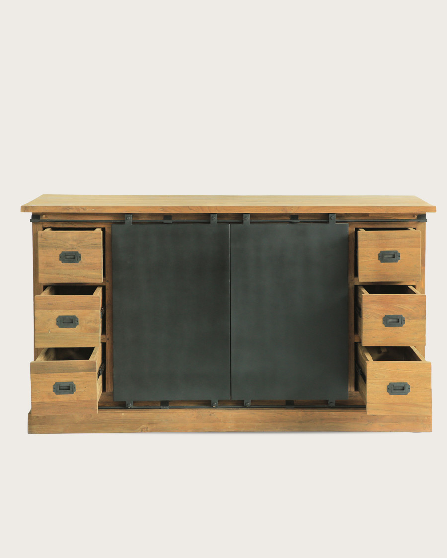 Industrieel - Industrieel dressoir van massief teakhout met metalen deuren