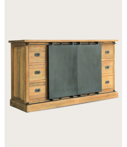Industrieel - Industrieel dressoir van massief teakhout met metalen deuren