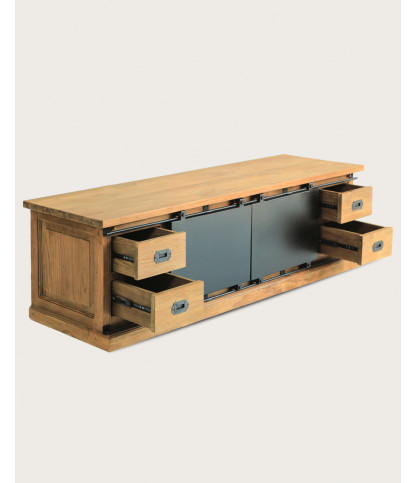 Estilo industrial - Mueble de TV industrial de teca maciza con puertas metálicas