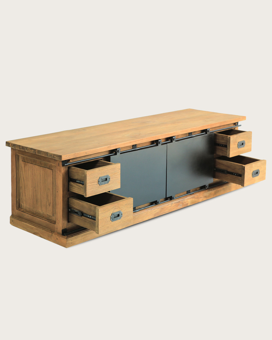 Industrialal - Industrial TV cabinet in solid teak and metal doors