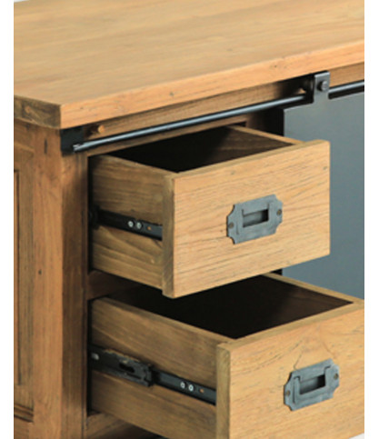Industrial - Mueble de TV industrial en teca maciza y puertas metálicas