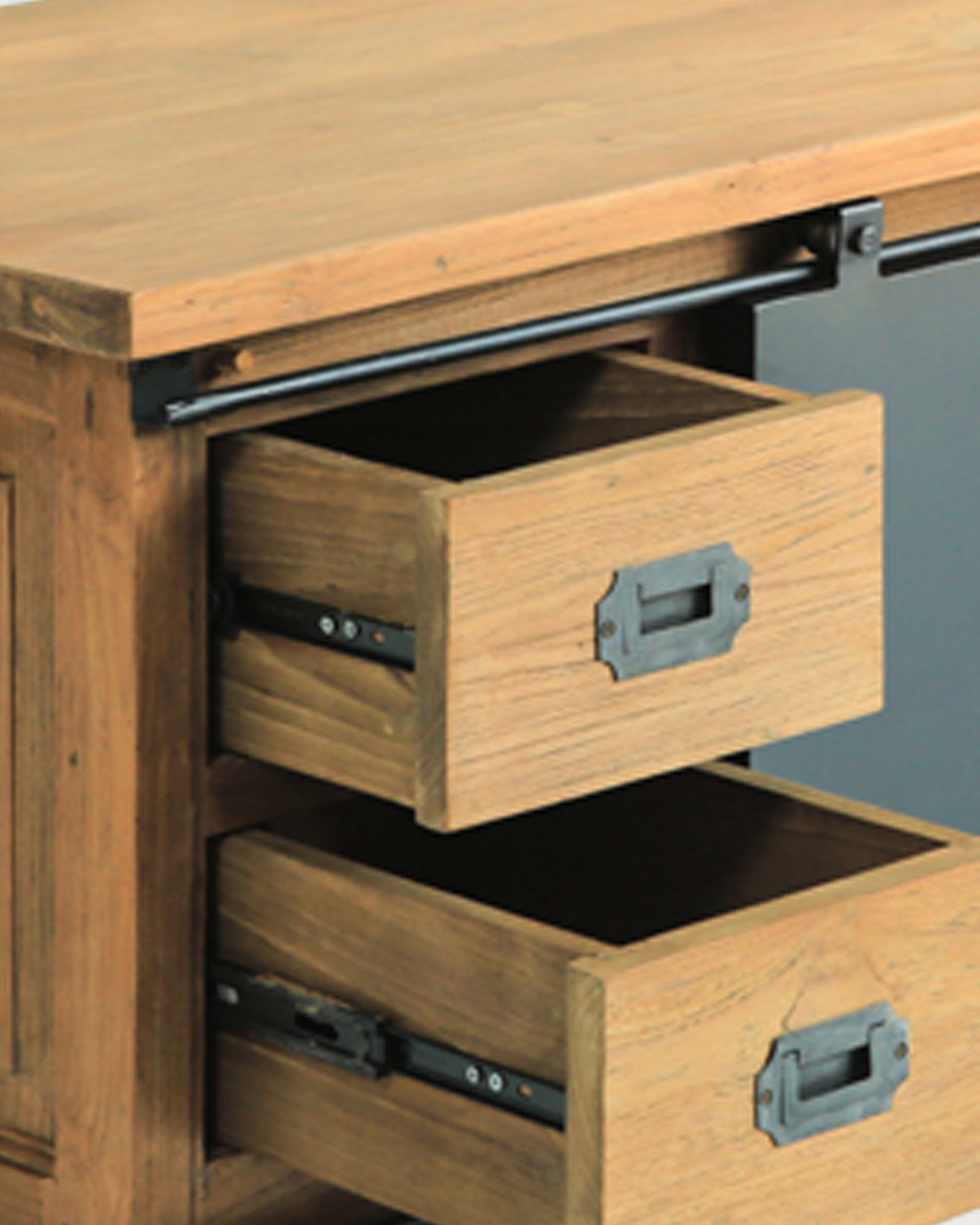 Industrialal - Industrial TV cabinet in solid teak and metal doors