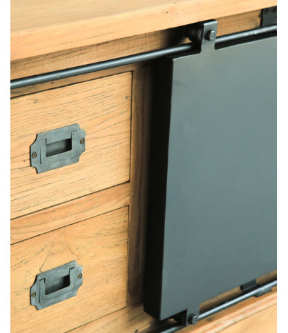 Industrial - Mueble de TV industrial en teca maciza y puertas metálicas
