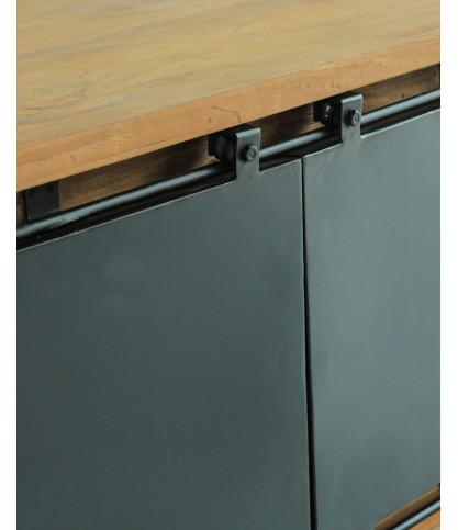 Industrial - Mueble de TV industrial en teca maciza y puertas metálicas