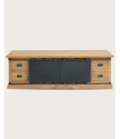 Industrial - Mueble de TV industrial en teca maciza y puertas metálicas