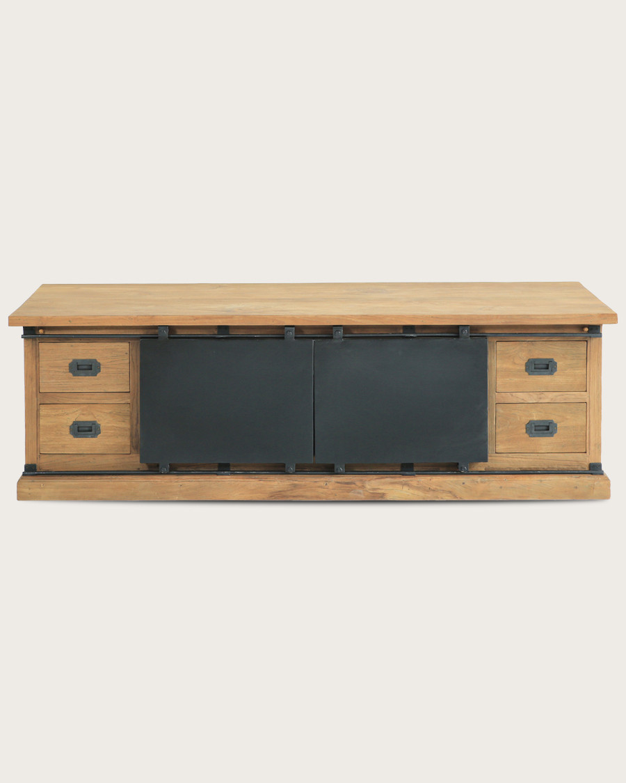 Industrial - Solid teak industrial TV stand with metal doors