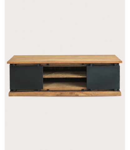 Industrial - Solid teak industrial TV stand with metal doors