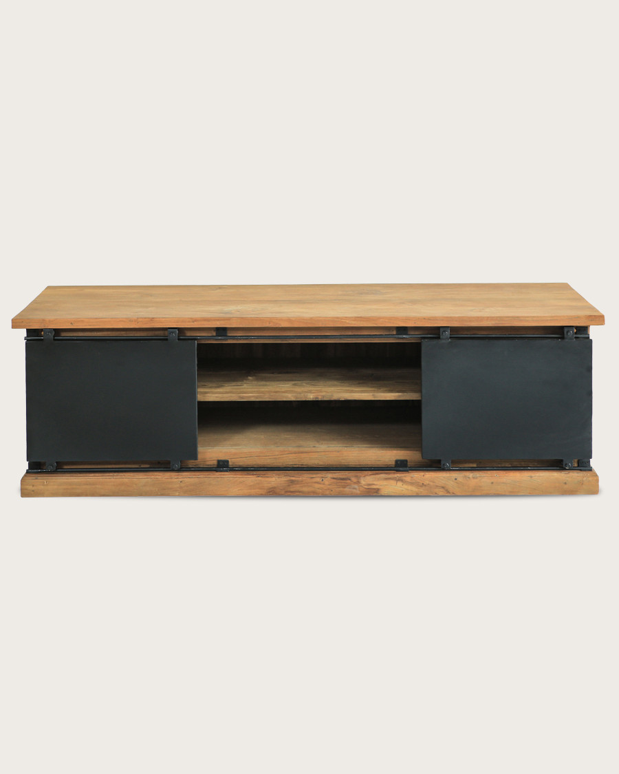 Industrial - Mueble de TV industrial en teca maciza y puertas metálicas