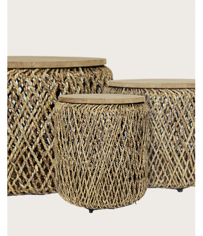 Yuda - Set di tre tavolini in legno massello di teak e intreccio a banana con contenitore