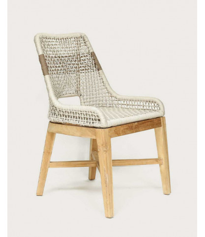 Kos - High-backed chair in solid teak and beige natural rope