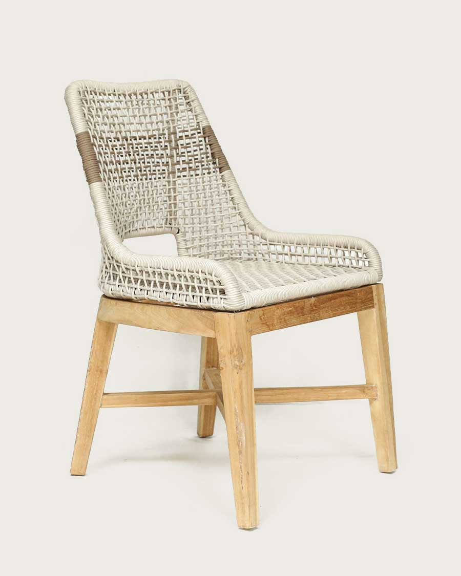 Kos - Stoel met hoge rugleuning van massief teakhout en beige natuurlijk touw