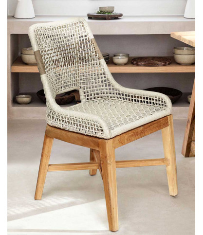 Kos - High-backed chair in solid teak and beige natural rope
