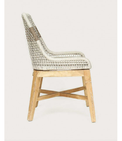 Kos - High-backed chair in solid teak and beige natural rope
