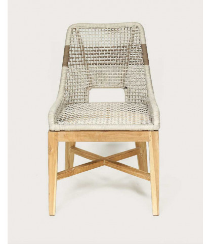 Kos - Stoel met hoge rugleuning van massief teakhout en beige natuurlijk touw