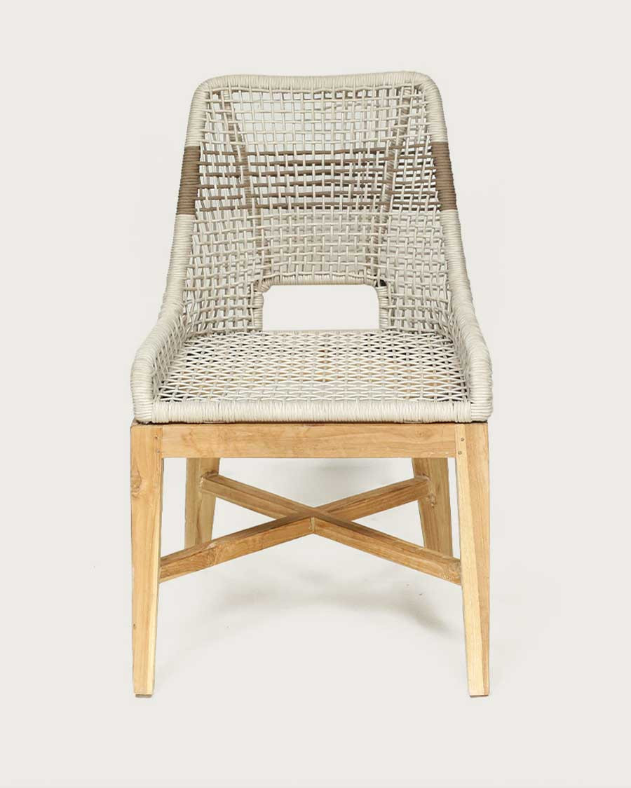 Kos - Stoel met hoge rugleuning van massief teakhout en beige natuurlijk touw