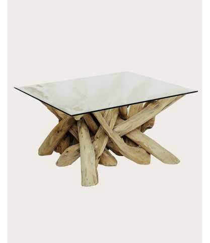 Hinata - Table basse en bois de teck massif et en verre