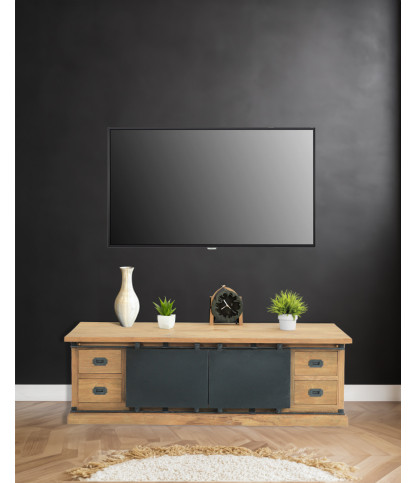 Industrial - Mueble de TV industrial en teca maciza y puertas metálicas