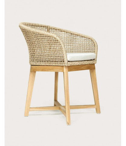 Kea - Sedia con schienale arrotondato in teak massello e corda naturale beige