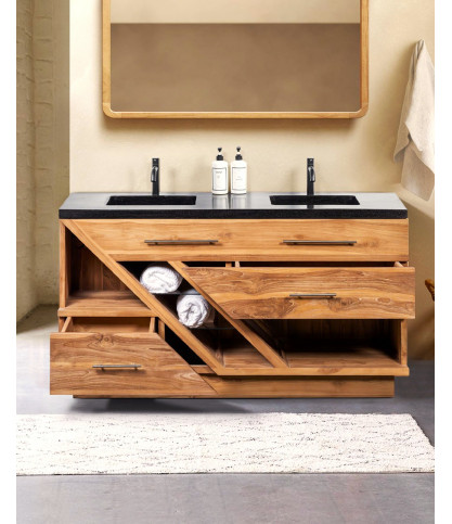 Diva - Badezimmerschrank aus Teakholz und schwarzem Terrazzomarmor 145 cm