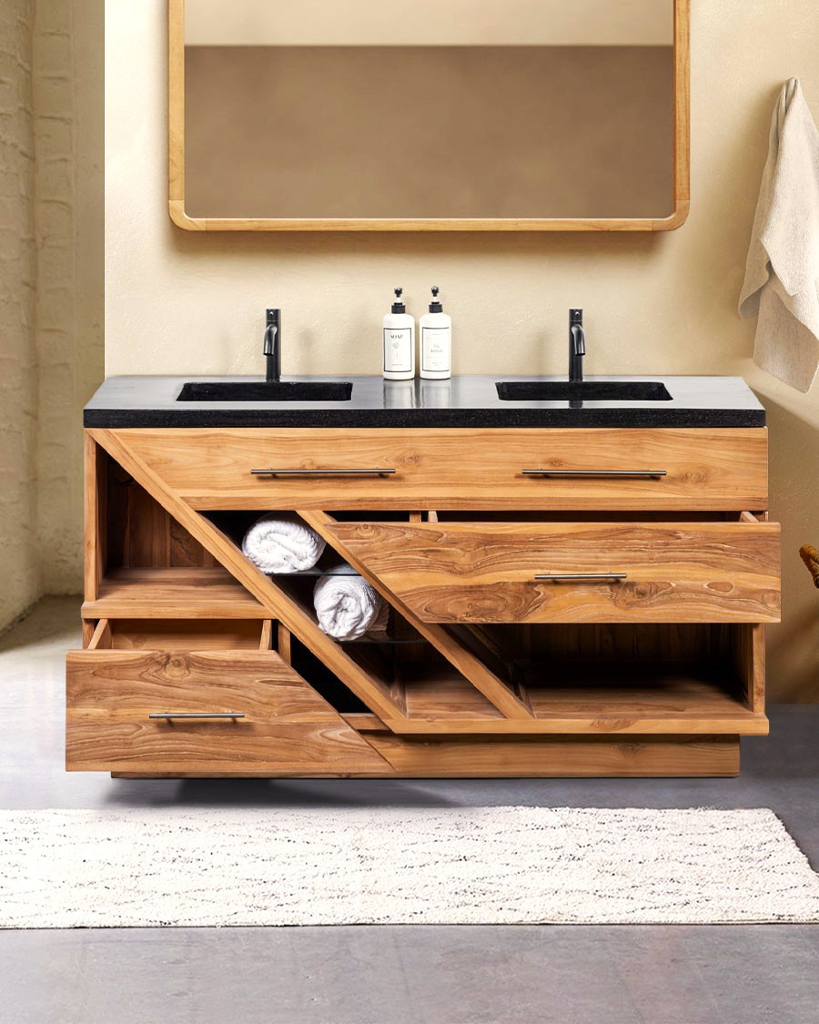 Diva - Mueble de baño de teca y mármol terrazo negro de 145 cm