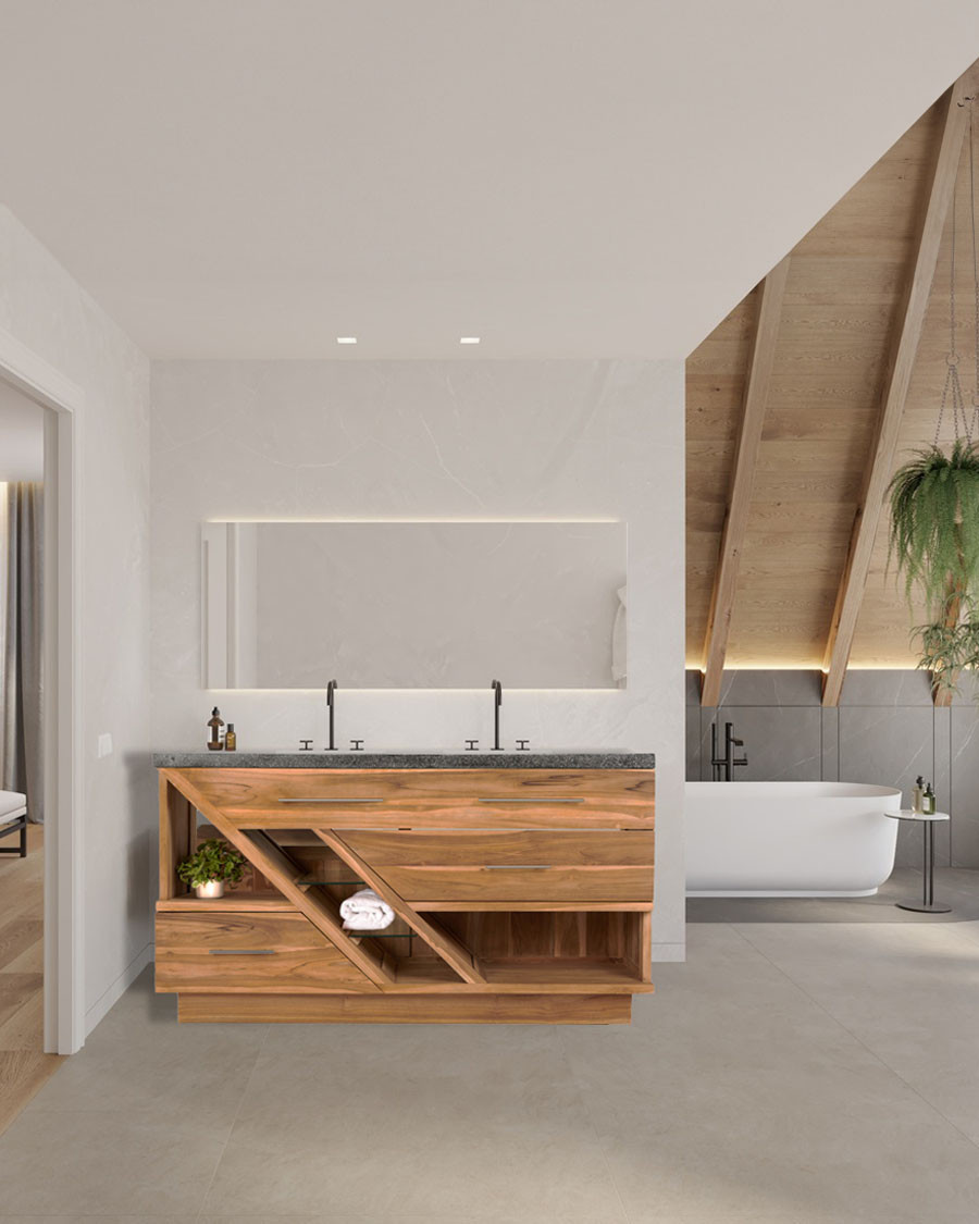 Diva - Badezimmerschrank aus Teakholz und schwarzem Terrazzomarmor 145 cm