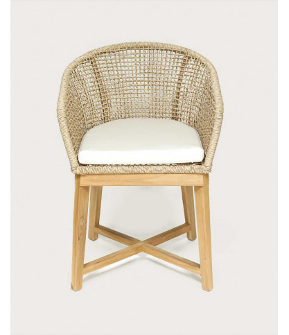Kea - Rounded back chair in solid teak and natural beige rope