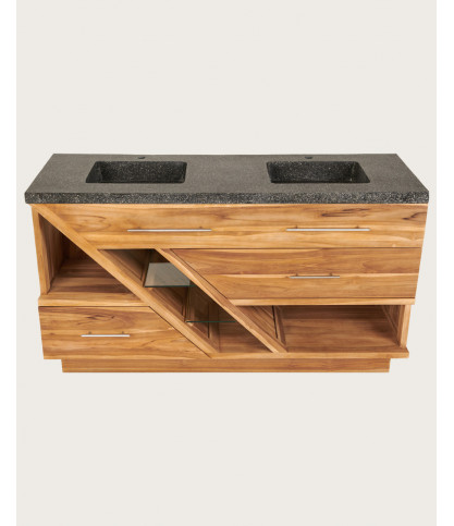 Diva - Teak and black terrazzo marble bathroom cabinet 145 cm