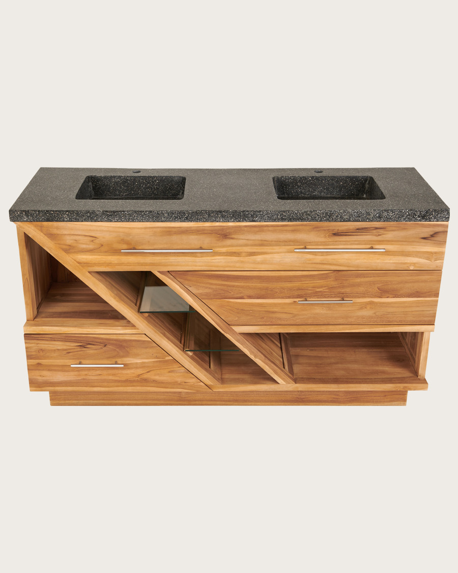 Diva - Teak and black terrazzo marble bathroom cabinet 145 cm