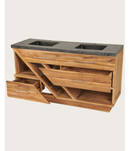Diva - Badezimmerschrank aus Teakholz und schwarzem Terrazzomarmor 145 cm