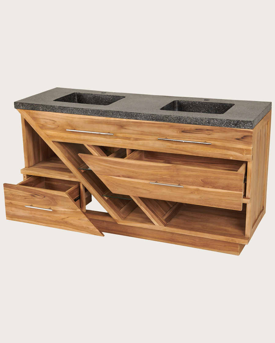 Diva - Badezimmerschrank aus Teakholz und schwarzem Terrazzomarmor 145 cm
