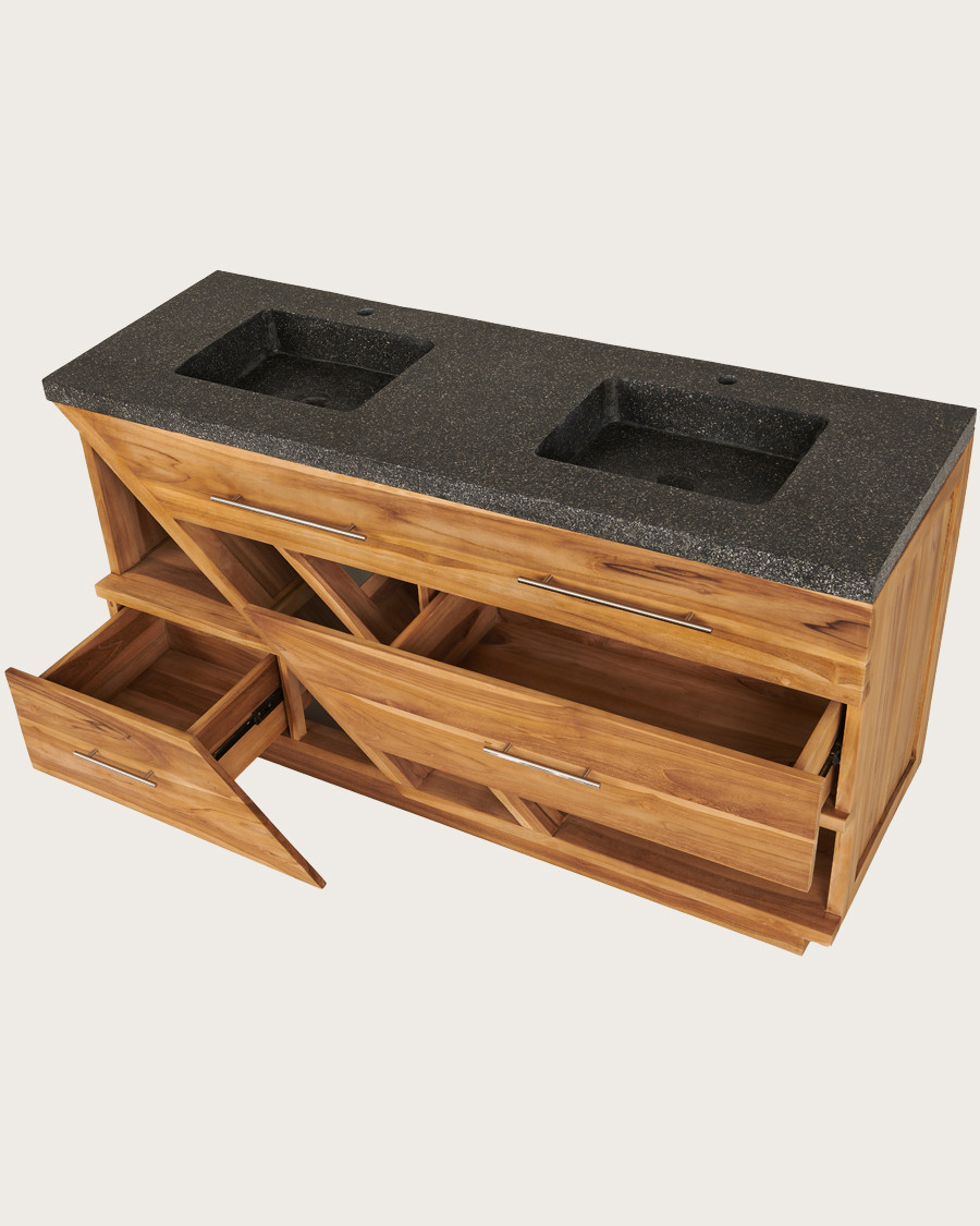 Diva - Badezimmerschrank aus Teakholz und schwarzem Terrazzomarmor 145 cm
