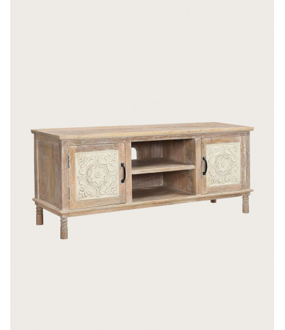 Mala - Mueble para TV de madera maciza de mango tallada, 140 cm