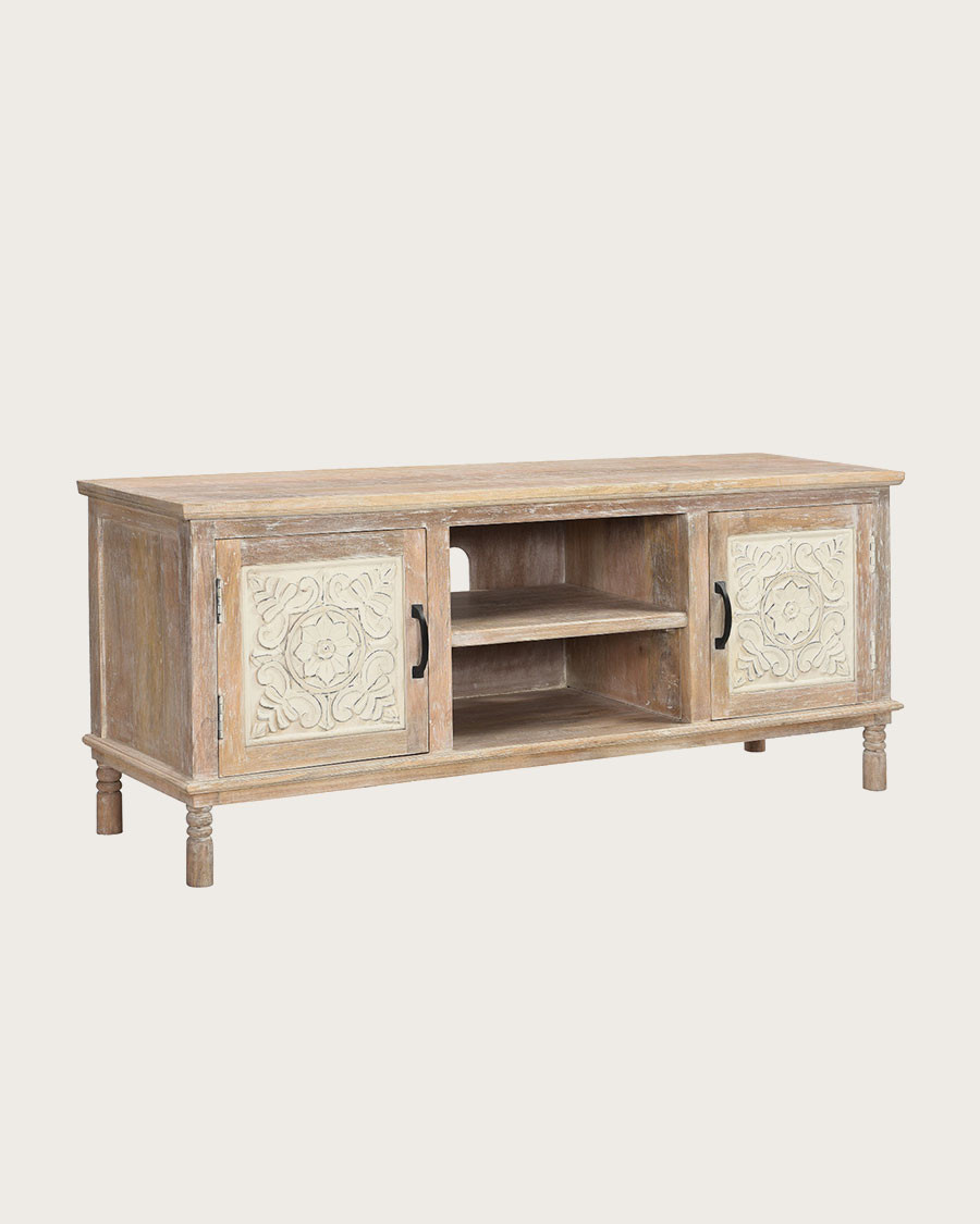 Mala - Mueble de TV de madera maciza de mango tallado de 140 cm