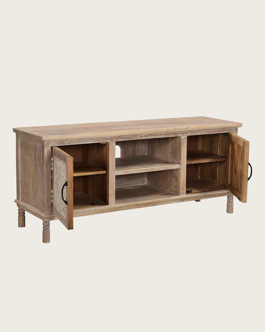 Mala - Mueble de TV de madera maciza de mango tallado de 140 cm